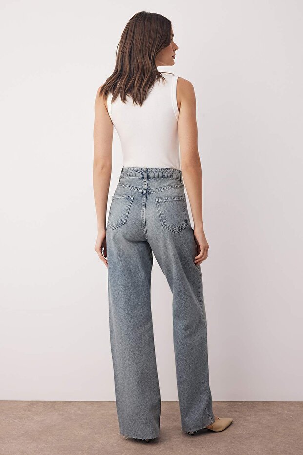 Mavi Yüksek Bel Paçası Kesikli Geniş Paça Wide Leg Jeans TWOAW26JE00089 - 4