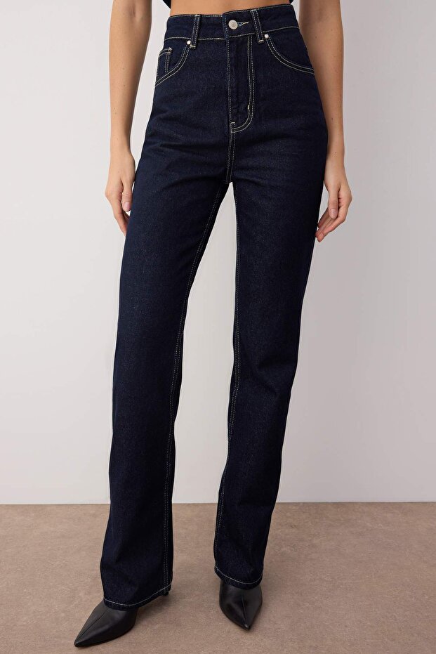 Koyu Mavi Yüksek Bel Straight/Düz Kesim %100 Pamuk Jeans TWOAW26JE00025 - 3
