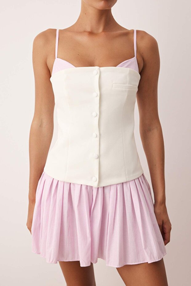 Beyaz-Pembe Piliseli Mini Dokuma Elbise TWOSS25EL00807 - 3