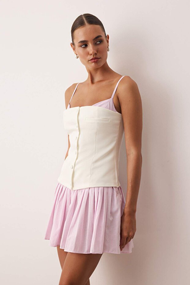 Beyaz-Pembe Piliseli Mini Dokuma Elbise TWOSS25EL00807 - 2