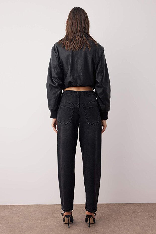 Siyah Normal Bel Loose Baggy Smoke Jeans TWOAW26JE00053 - 4