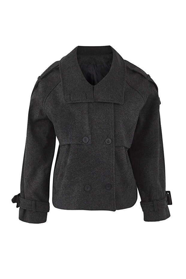 Koyu Gri Diagonel Kruvaze Oversize Midi Kaşe Kaban TWOAW26KB00040 - 5