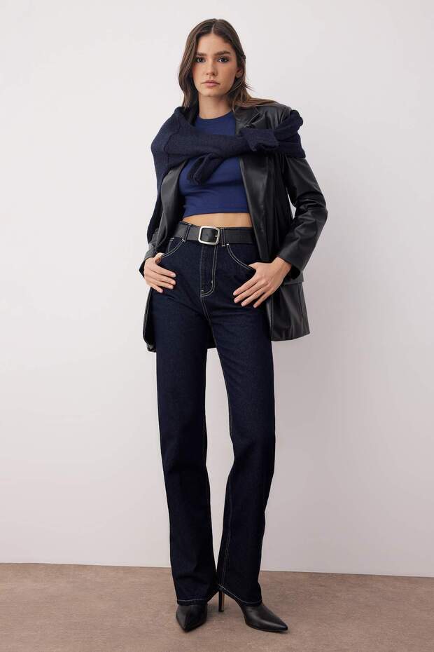 Koyu Mavi Yüksek Bel Straight/Düz Kesim %100 Pamuk Jeans TWOAW26JE00025 - 1