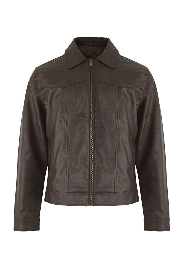 Kahverengi Regular Fit %100 PU Suni Deri Erkek Mont TMNAW26MO00010 - 5