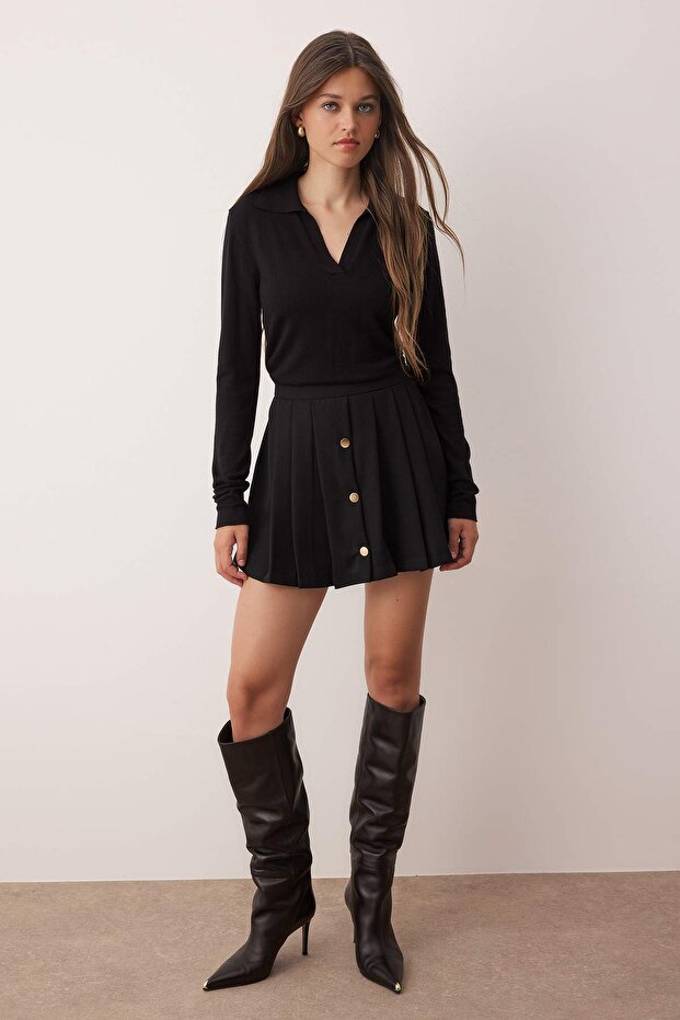 Siyah Pilili Mini Düğmeli Şort Etek Şort & Bermuda TWOAW26SR00005 - 3