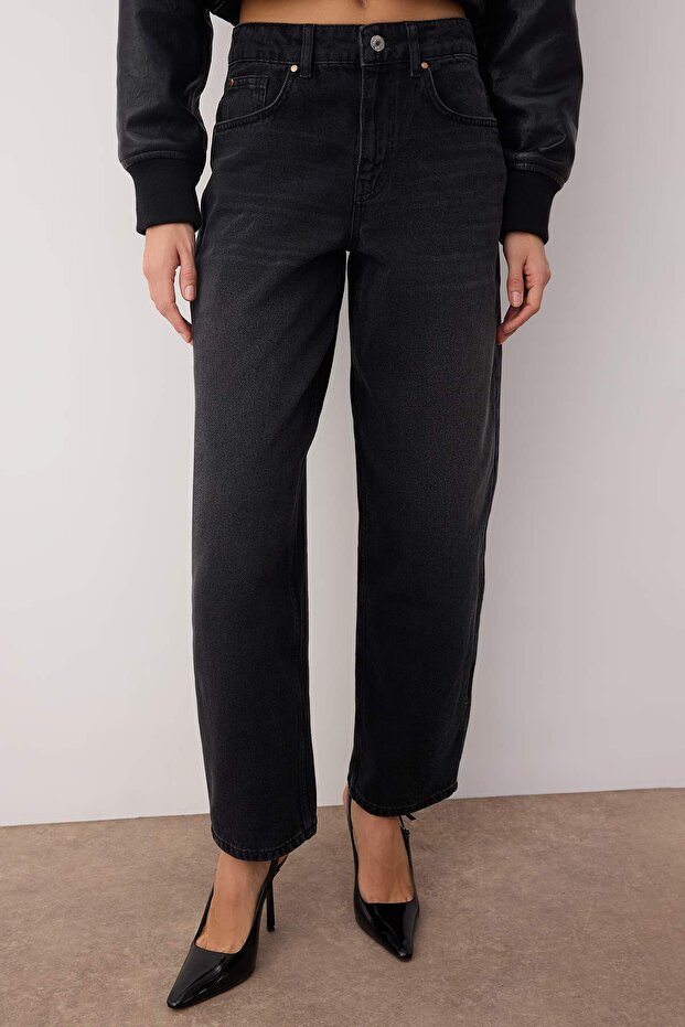 Siyah Normal Bel Loose Baggy Smoke Jeans TWOAW26JE00053 - 3
