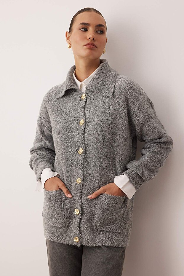 Anthracite Soft Special Yarn Gold Button Knitwear Cardigan Tctaw26Th00001