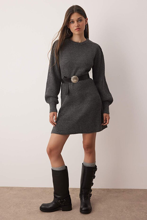 Antrasit A-line Mini Triko Yumuşak Dokulu Elbise TWOAW26EL00051 - 1