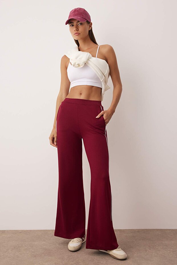 Bordo Biyeli Wide Leg/Geniş Paça Örme Spor Eşofman Altı THMAW26EA00001 - 2
