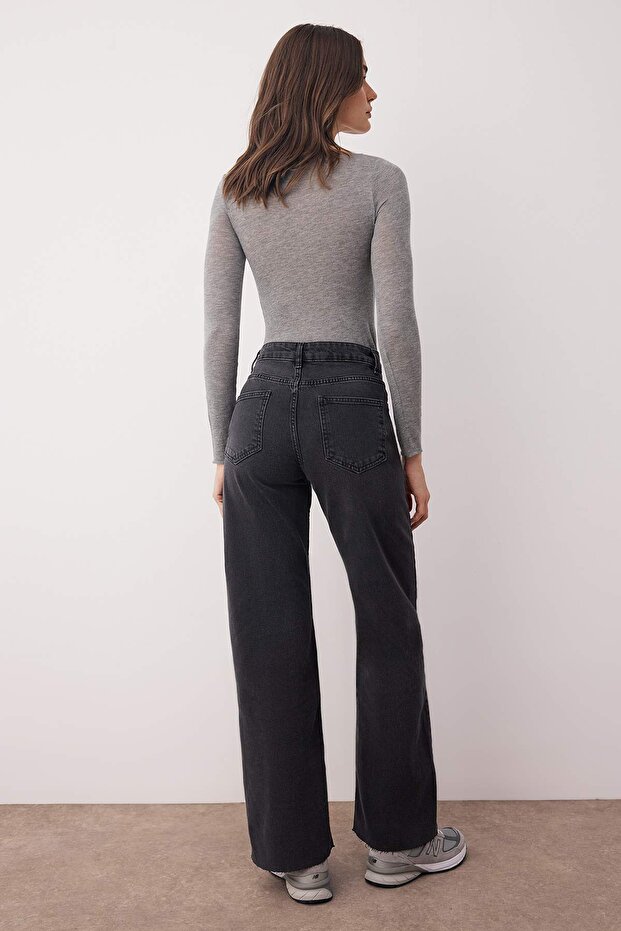 Siyah Yüksek Bel Paçası Kesikli Wide Leg/Geniş Paça Palazzo Comfort/Esnek Smoke Jeans TWOAW26JE00081 - 4