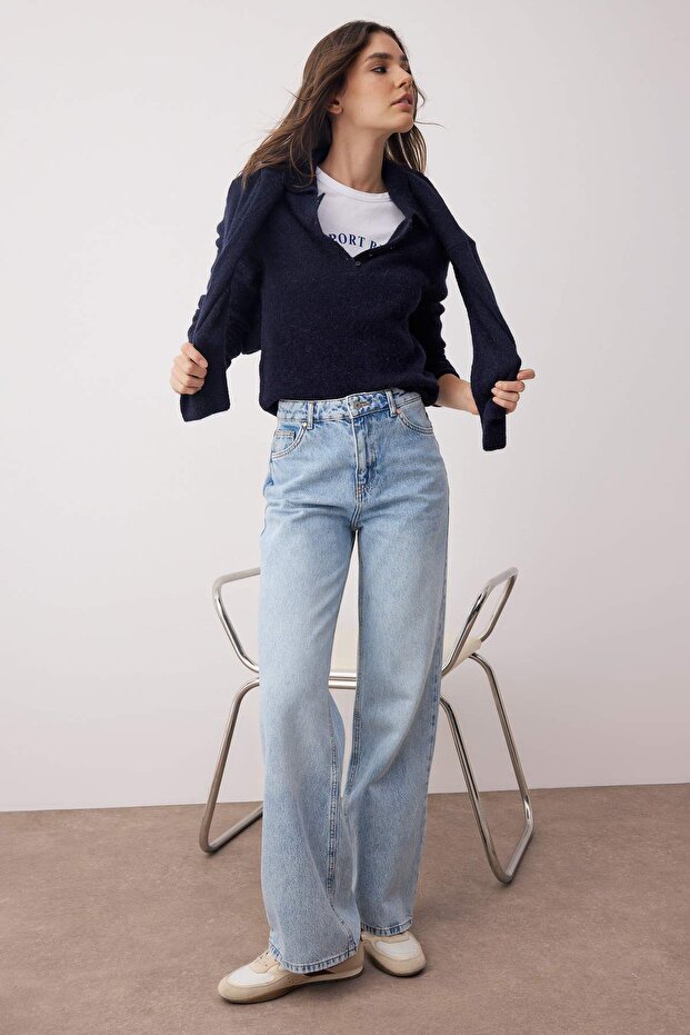Açık Mavi Yüksel Bel Geniş Paça Wide Leg %100 Pamuk Non-Stretch Jeans TWOAW26JE00074 - 2