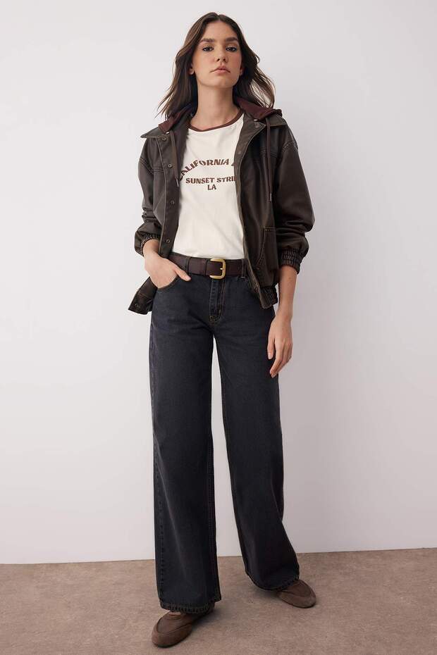 Siyah Düşük Bel Geniş Paça Wide Leg Jeans TWOAW26JE00069 - 1