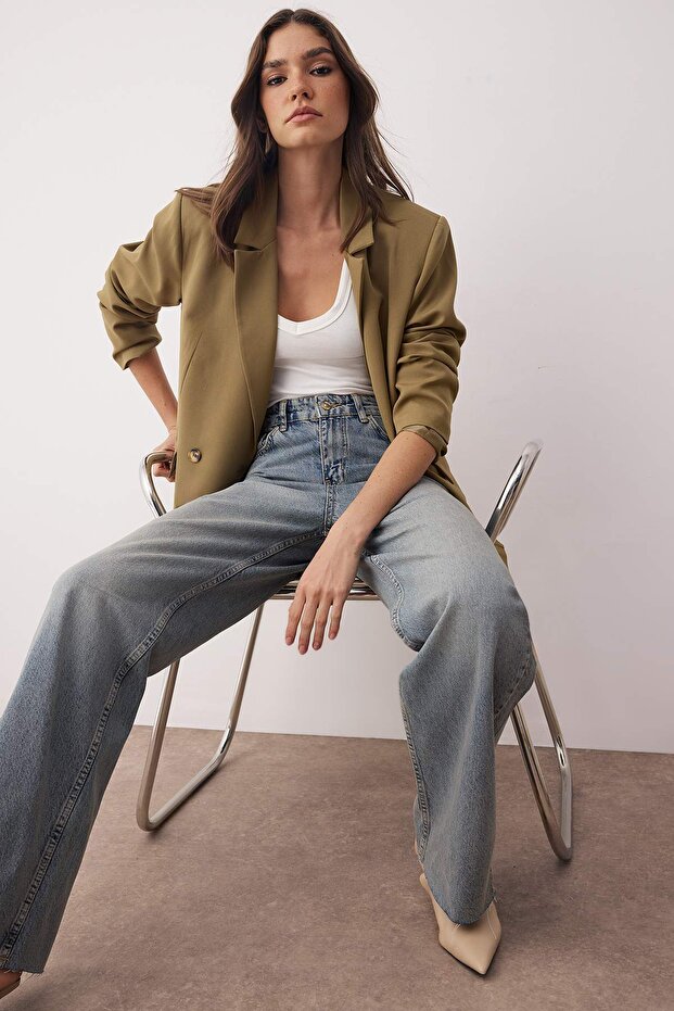 Mavi Yüksek Bel Paçası Kesikli Geniş Paça Wide Leg Jeans TWOAW26JE00089 - 2
