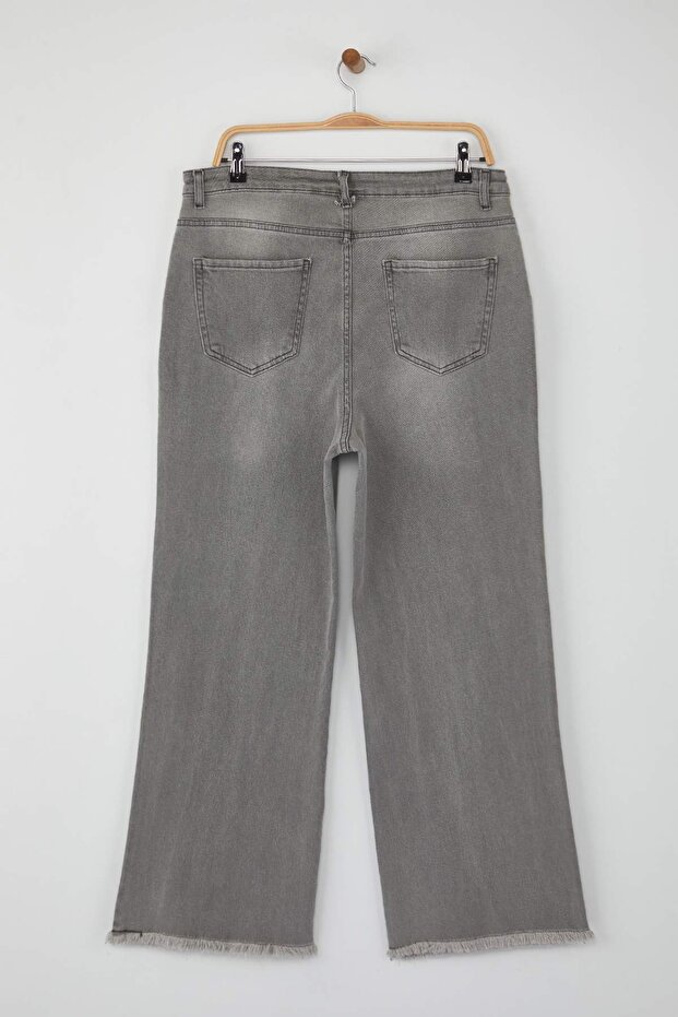 Gri Yüksek Bel Pis Uç Detaylı Geniş Paça Comfort Büyük Beden Wide Leg Jeans TBBSS23CJ00009 - 7