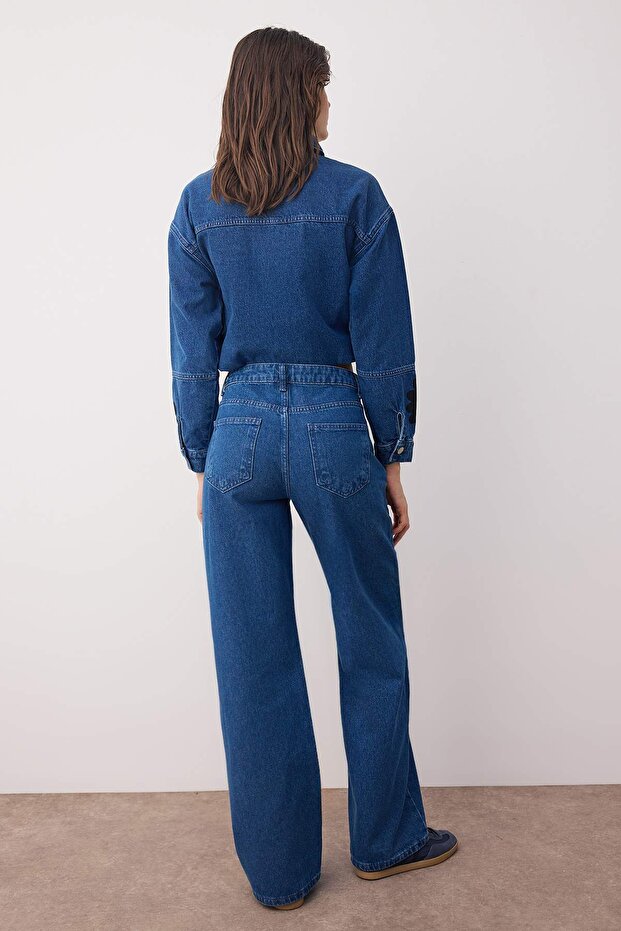 Mavi Yüksek Bel Çiçek Baskılı Wide Leg Palazzo Jeans TWOAW26JE00122 - 4