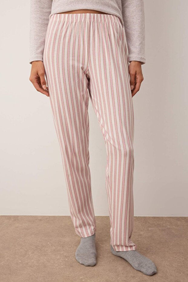 Bej-Pembe Üst Fitilli, Alt Pamuklu Çizgili Örme Pijama Takımı THMAW26PT00095 - 4