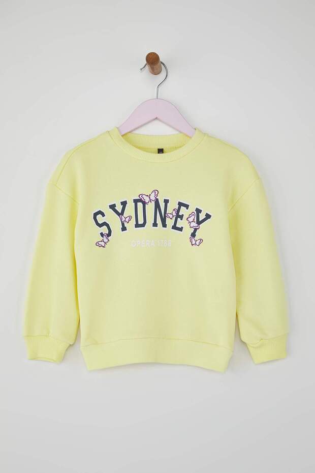 Sarı Pamuklu Slogan Baskılı Oversize Örme Kız Çocuk Sweatshirt TKDAW26SW00027 - 2
