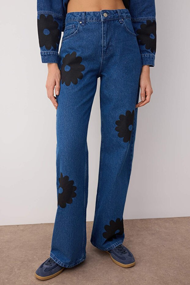 Mavi Yüksek Bel Çiçek Baskılı Wide Leg Palazzo Jeans TWOAW26JE00122 - 3