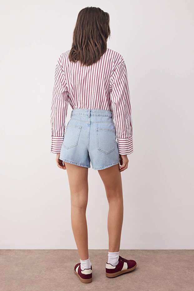 Açık Mavi Yüksek Bel City Boy Denim Şort TWOSS25SR00178 - 4