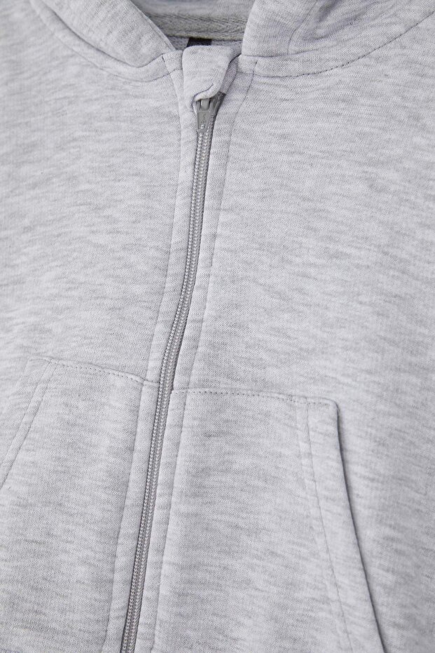 Gri Melanj Pamuklu Crop Fit Düz/Basic Kapüşonlu Overize Örme Kız Çocuk Hırka TKDAW26HI00001 - 4