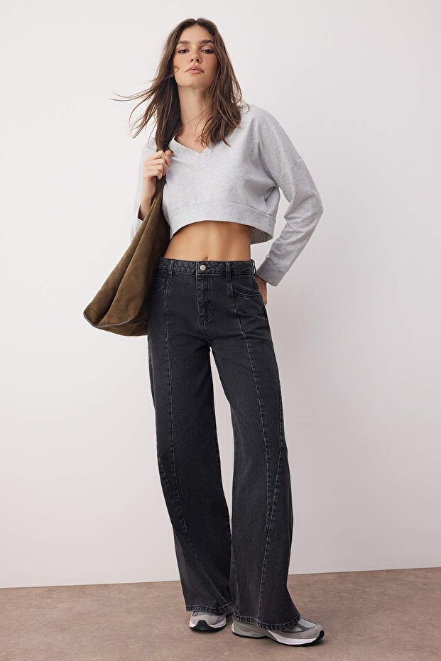 Siyah Normal Bel Dikiş Detaylı Wide Leg Geniş Paça Jeans TWOAW26JE00147 - 1