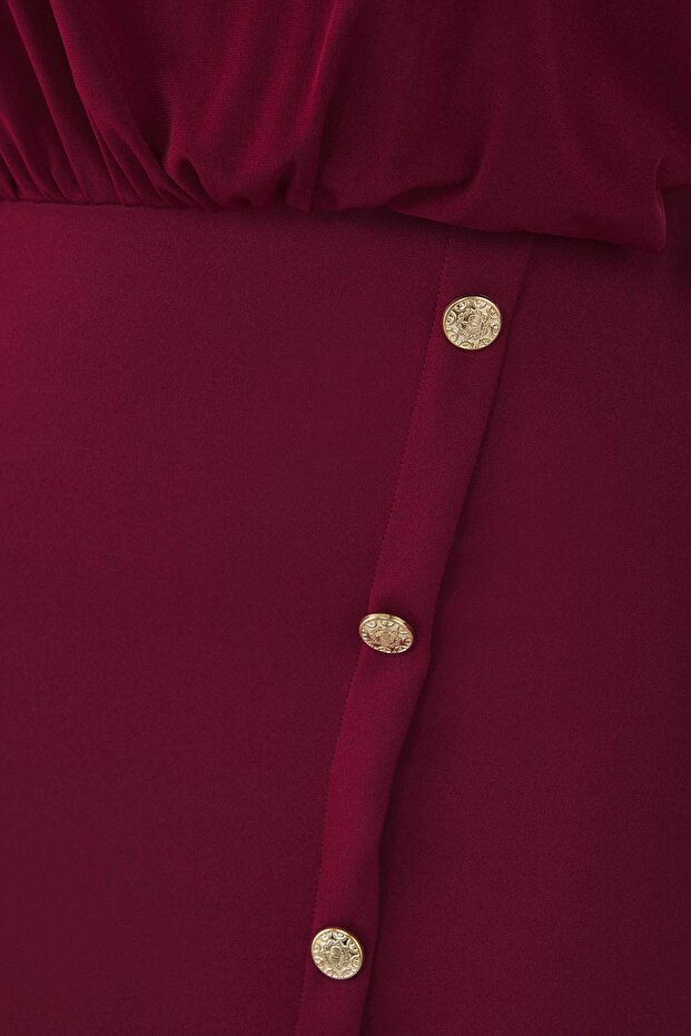 Bordo Vücuda Oturan Vatkalı Düğme Detaylı Mini Büyük Beden Elbise TBBAW25AH00117 - 6