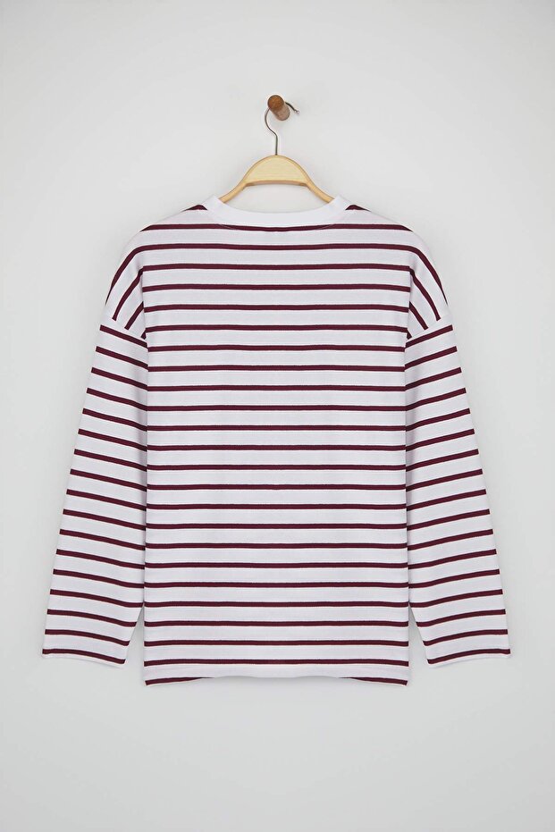 Ekru Çizgili Oversize/Geniş Kesim Bisiklet Yaka İnce Örme Sweatshirt TWOAW23SW00326 - 6