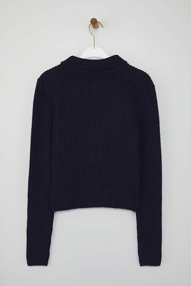 Wardrobe Essentials Lacivert Yumuşak Dokulu Crop Fermuarlı Triko Hırka | TWOAW26HI00177 - 6