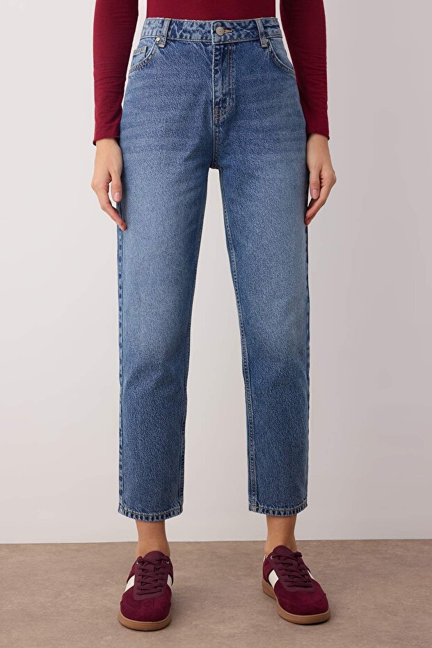 Koyu Mavi Yüksek Bel Mom %100 pamuk Non-Stretch Jeans TWOAW26JE00159 - 3