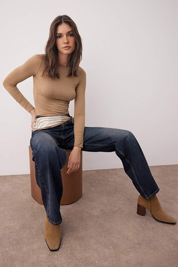 Koyu Mavi Normal Bel Geniş Paça Wide Leg Jeans TWOAW26JE00076 - 3