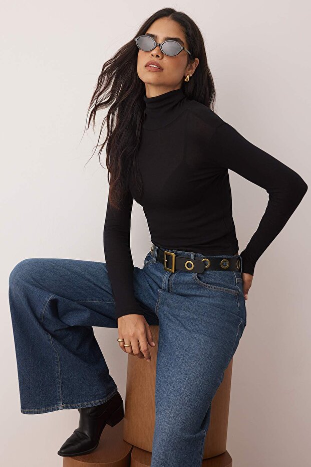 Black Stand Collar See-Through Fitted/Slim Fit Knitted T-Shirt Twoaw26Ts00005
