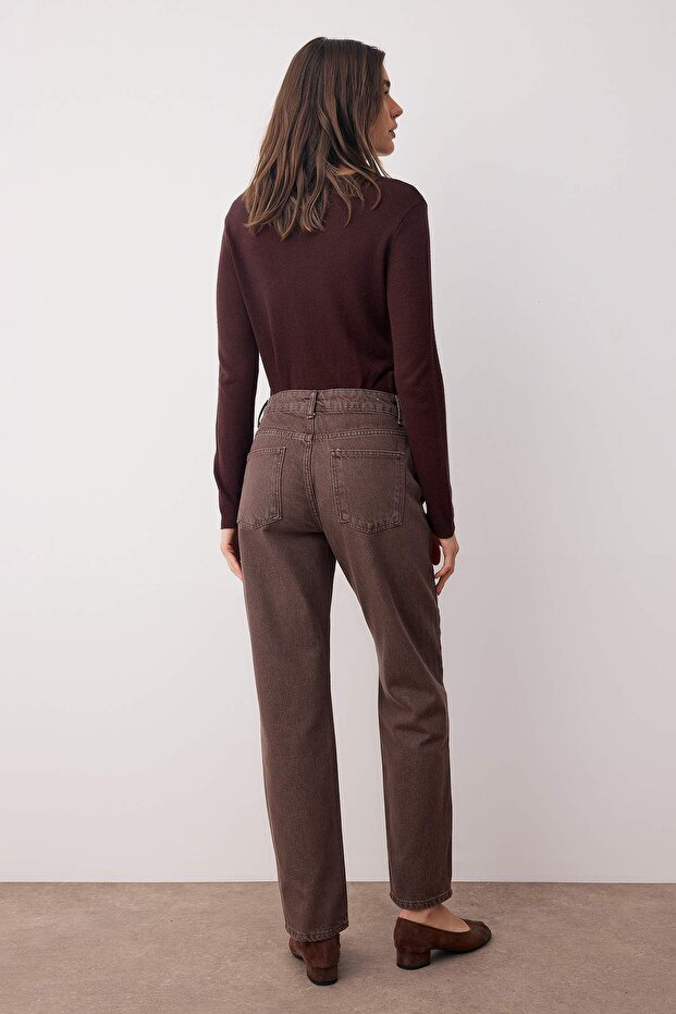 Kahverengi Vintage Yıkama Yüksek Bel Düz Paça Straight %100 Pamuk Non-Stretch Jeans TWOAW26JE00127 - 4