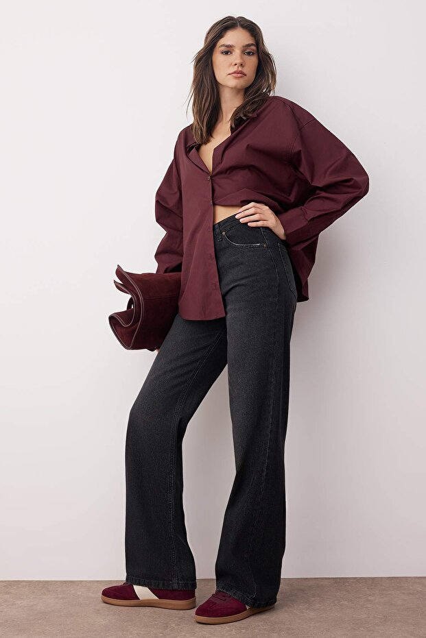 Siyah Yüksek Bel Wide Leg Geniş Paça %100 Pamuk Non-Stretch Jeans TWOAW24JE00073 - 2