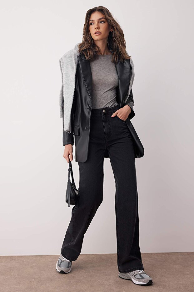 Siyah Yüksek Bel Wide Leg Jeans TWOSS25JE00278 - 2