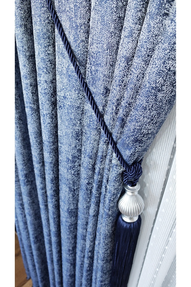 Trojan Blue Double Wing Sparse Pleated Jacquard Satin Textured Background Curtain with Bright Pattern80 X 270 - 2
