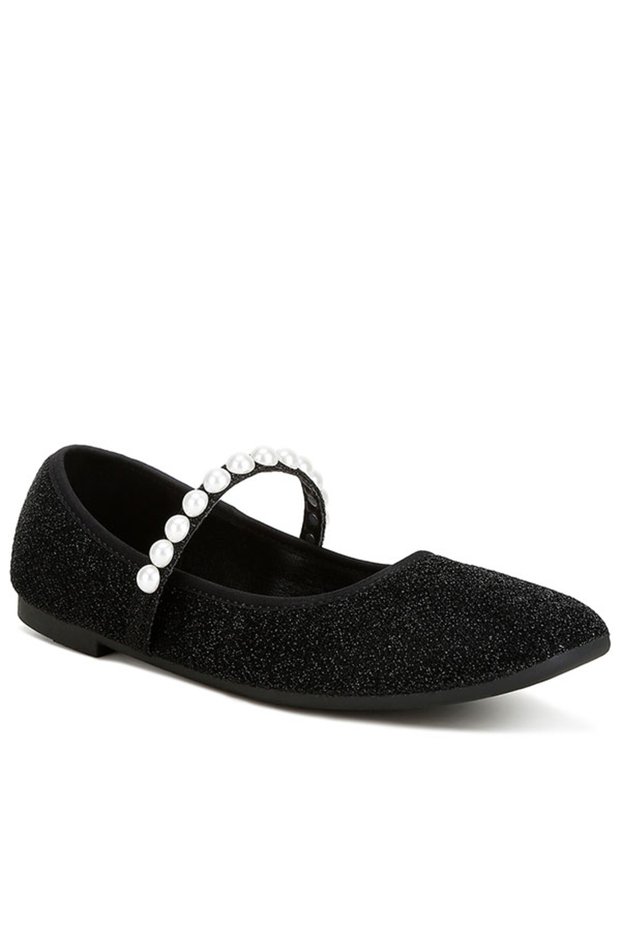 Women Pearl Strapped Glitter Ballerinas in Black