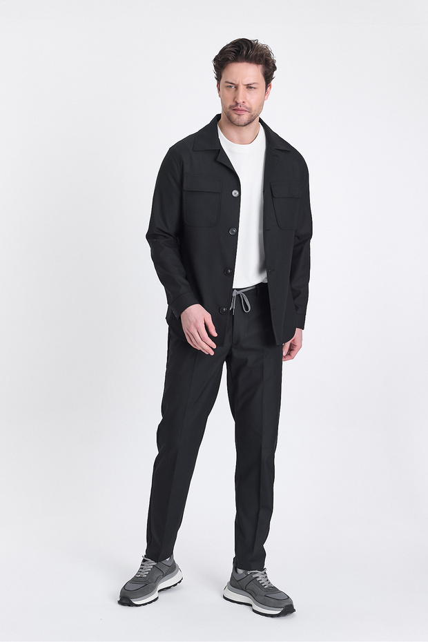 Forex Men's Black Lycra Wool Blended Fabric 2-Piece Overshirt Jacket + Jogger Elastic Pants