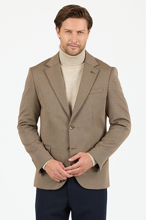 Yumas Men's Coffee Stretching Lycra Cotton Blended Knitted Fabric Sports Blazer Jacket