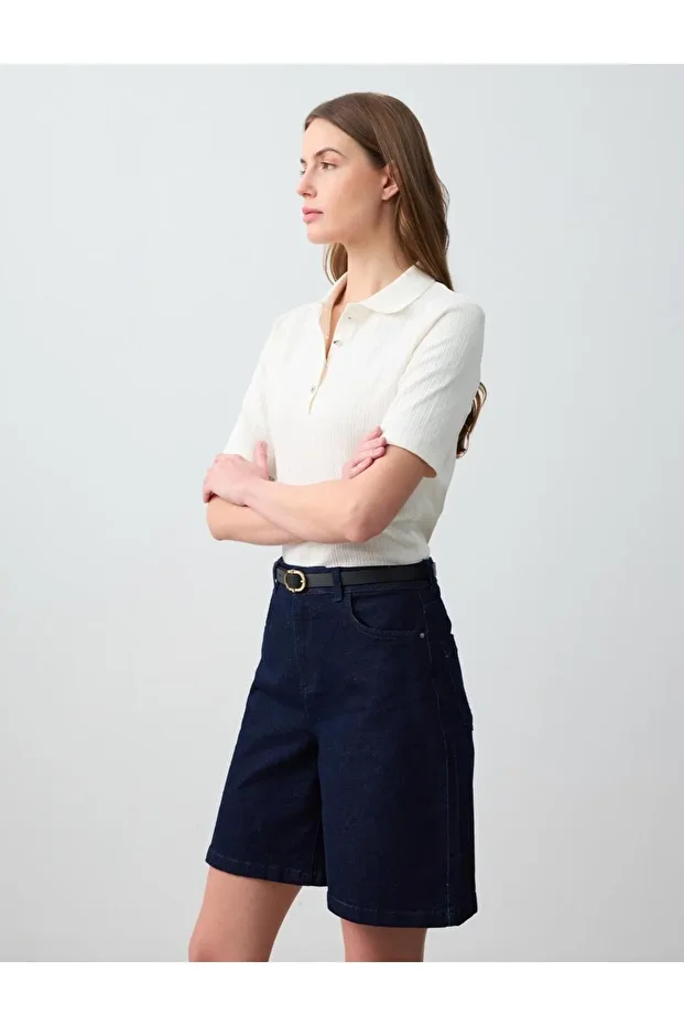 Koyu Mavi Yüksek Bel Bol Paça Denim Şort - 4