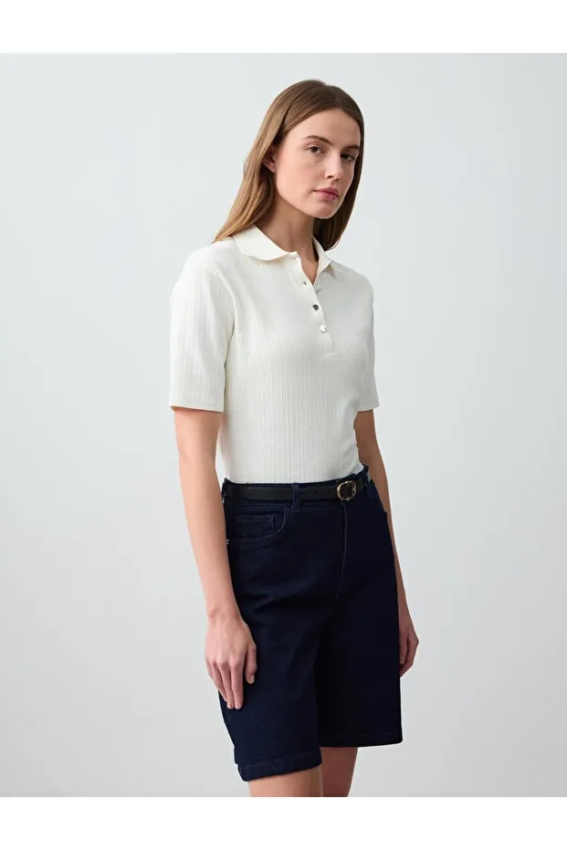 Koyu Mavi Yüksek Bel Bol Paça Denim Şort - 5
