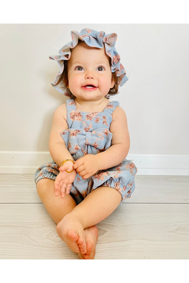Sarah Bow 100% Cotton Linen Baby Girl Romper and Ruffle Hat Set-Blue