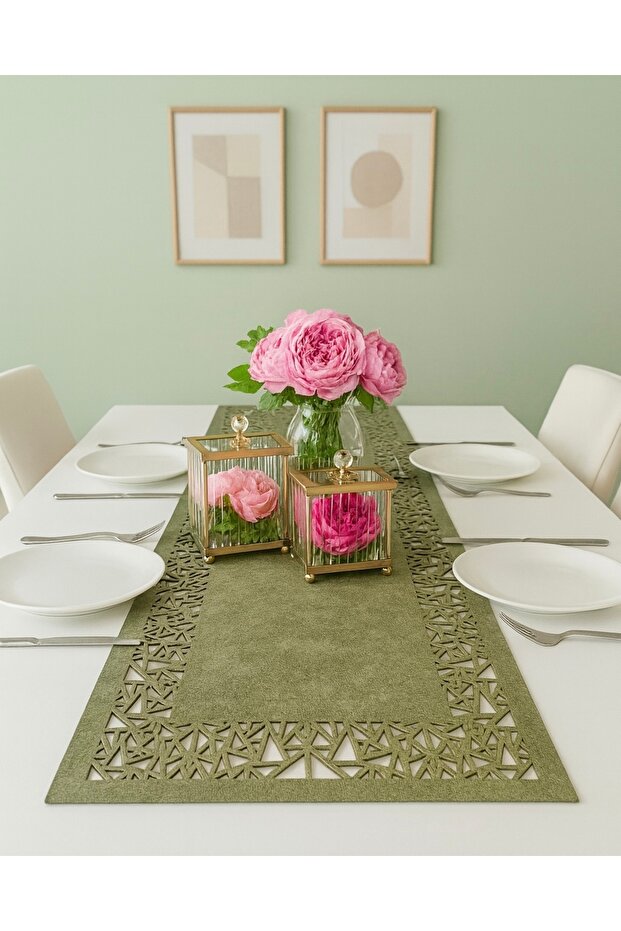 Green Suede Fabric Runner 40X140 cm Table Length - Geometric Triangle Pattern - 1