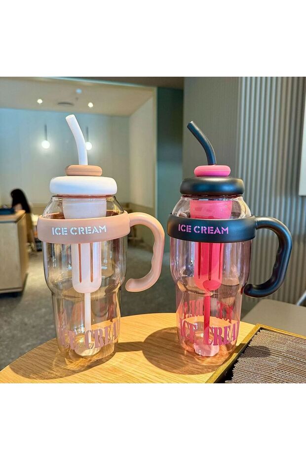 Ice Cream Designed Water Bottle with Straw – 1.3 Liter Large Volume, Transparent Color Flask, Leak-Proof Lid - 4