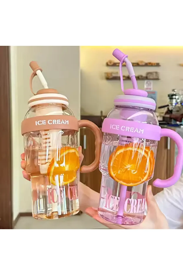 Ice Cream Designed Water Bottle with Straw – 1.3 Liter Large Volume, Transparent Color Flask, Leak-Proof Lid - 3