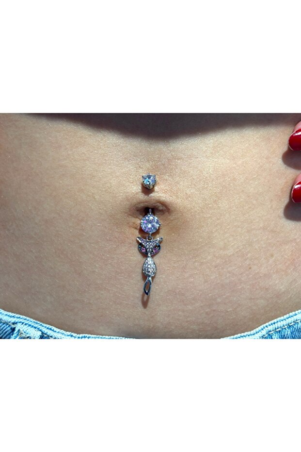 Çelik Kedi Detaylı Göbek Piercing - 1