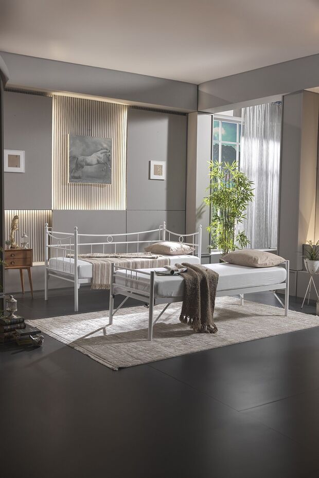 Daily Yavrulu Daybed Tek-çift Kişilik Sedir Metal Karyola Yatak Seti Beyaz - 5