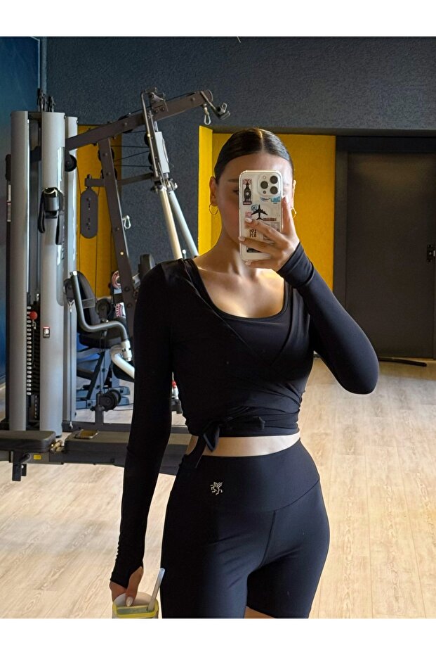 Anvelop Belden Bağlamalı Crop Bluz Siyah - 1