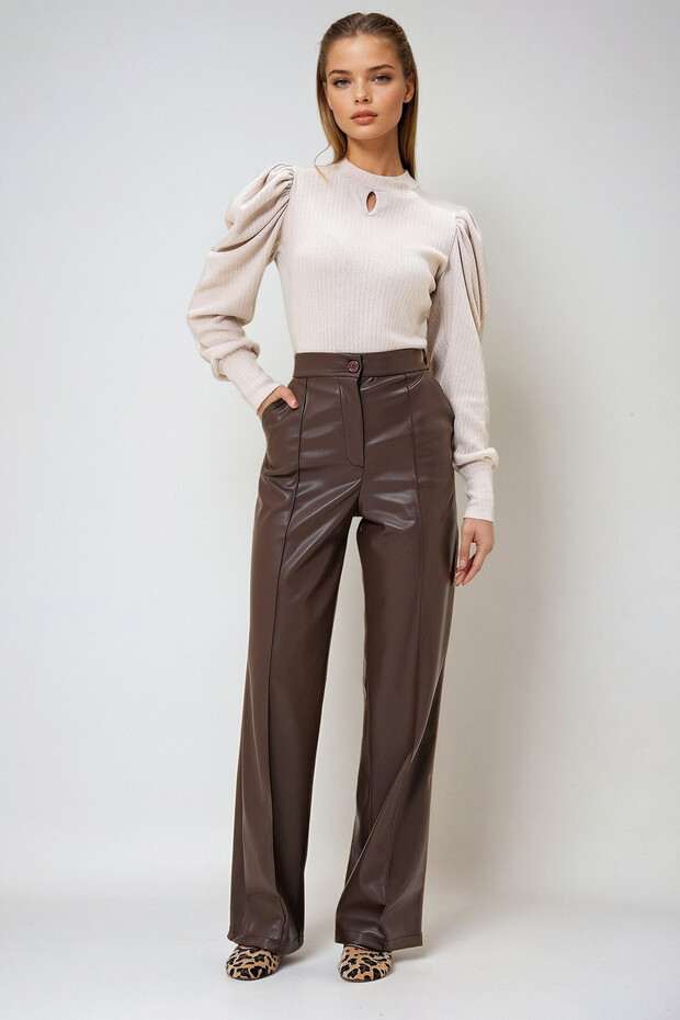 Women's Brown Front Stitched Double Pocket Faux Leather Palazzo Pants Prm1296