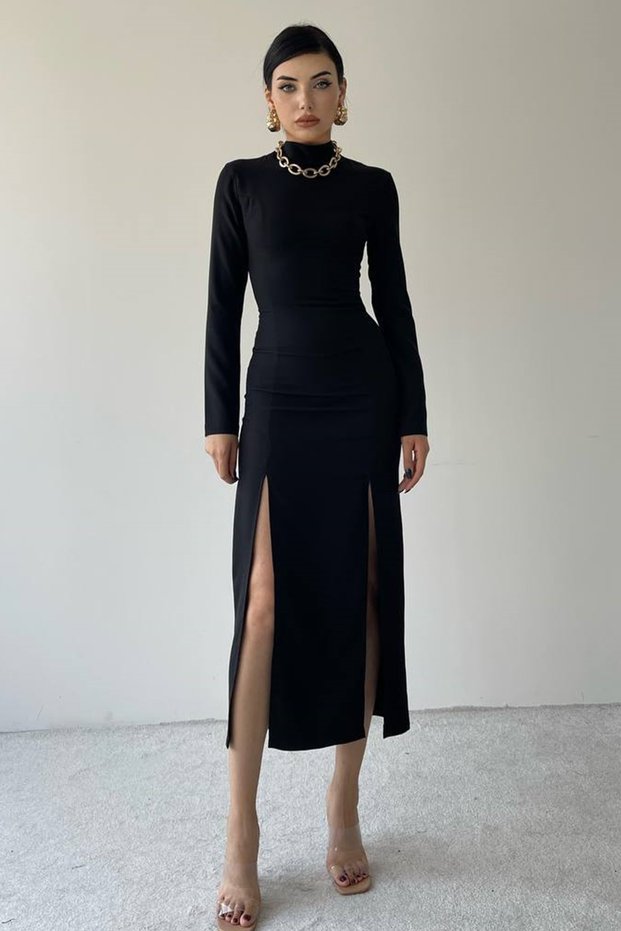 Women's Atlas Fabric Half Turtleneck Double Slit Design Black Midi Dress 339