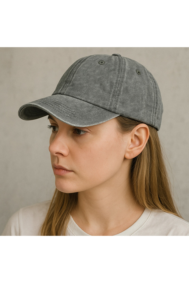 Unisex Yıkamalı Eskitme Şapka Gri Şapka - 5